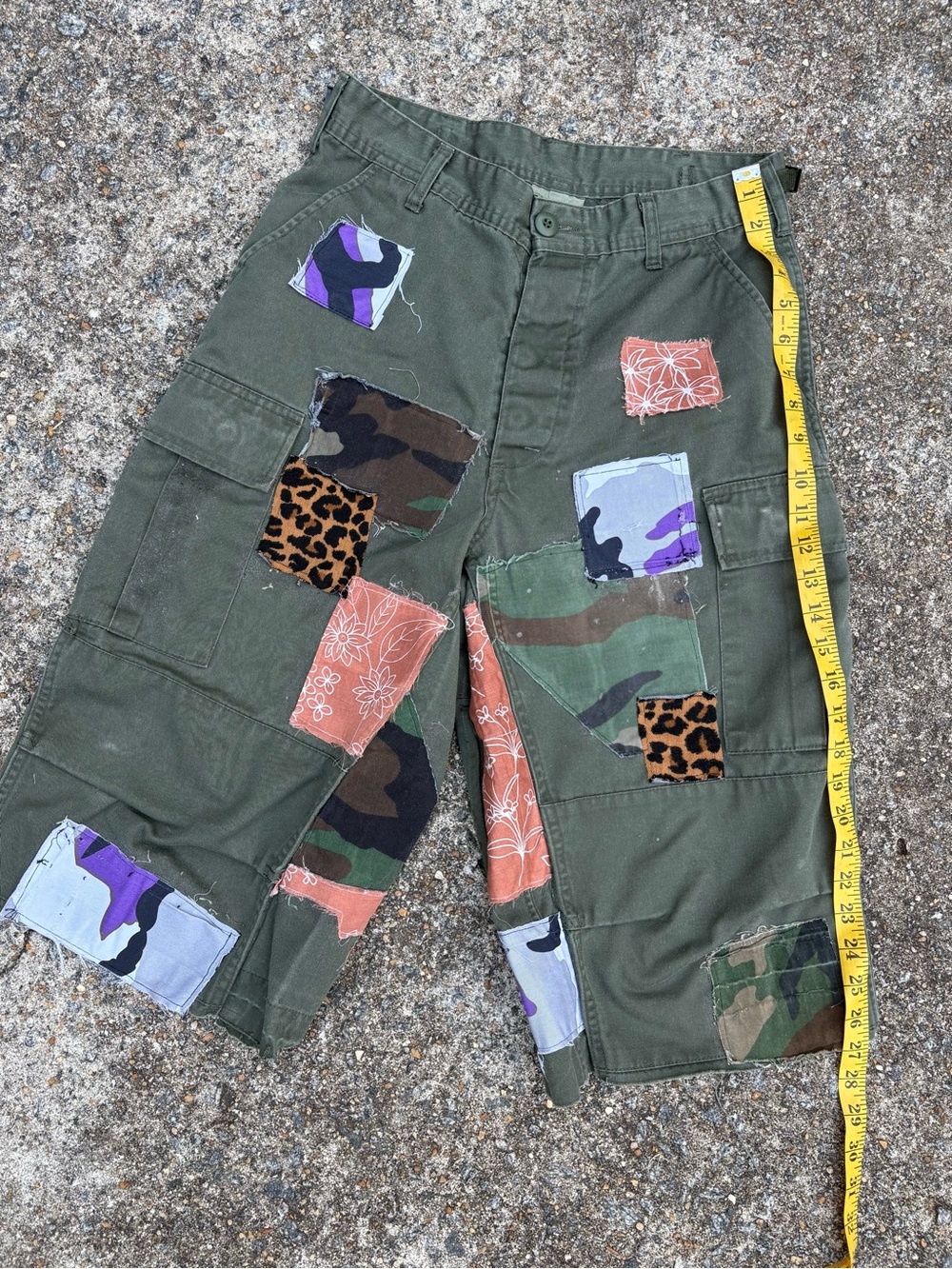 Olive Patchwork Cargo Shorts - Distressed Military Style